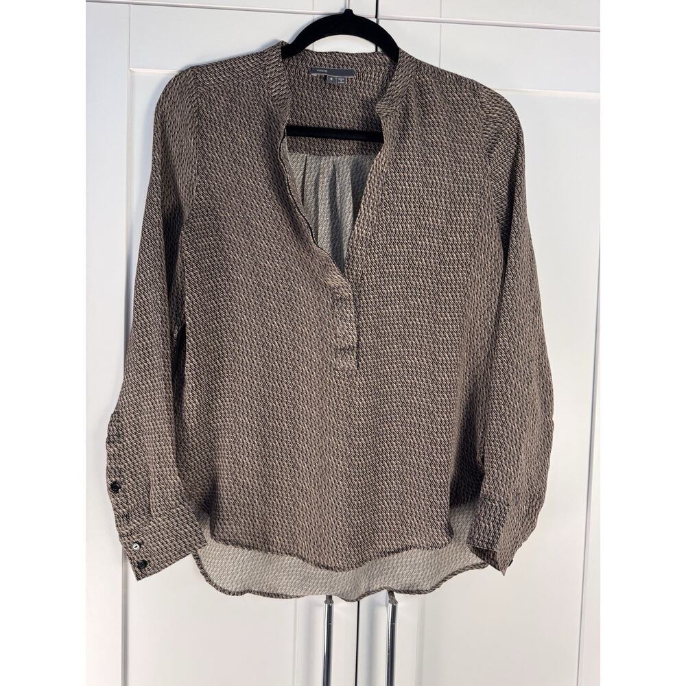 Vince Size 4 Brown Black Silk Chiffon Microprint Pullover Long Sleeve Blouse Top